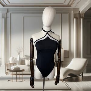 Chic Black & White Halter Bodysuit | Strappy Backless Festival/Clubwear OnePiece